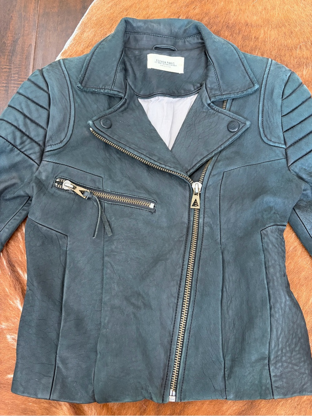 Eleven Paris Black Leather Moto Jacket with Gold Zippers